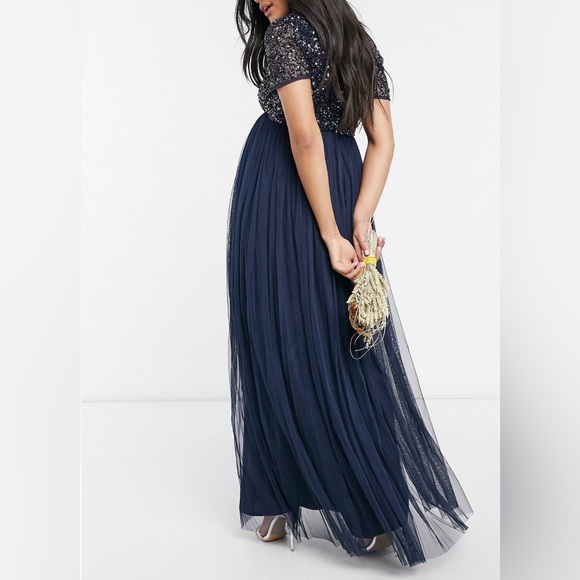ASOS Maya Maternity Short Sleeve Maxi Dress Formal Gown Tulle Sequins Navy US 10 - Picture 2 of 6
